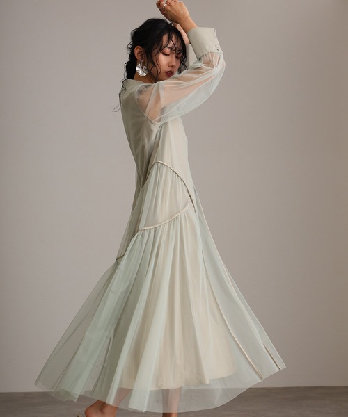 セール】ミモレ丈&袖ありフォーマルチュールパイピングセレモニー結婚