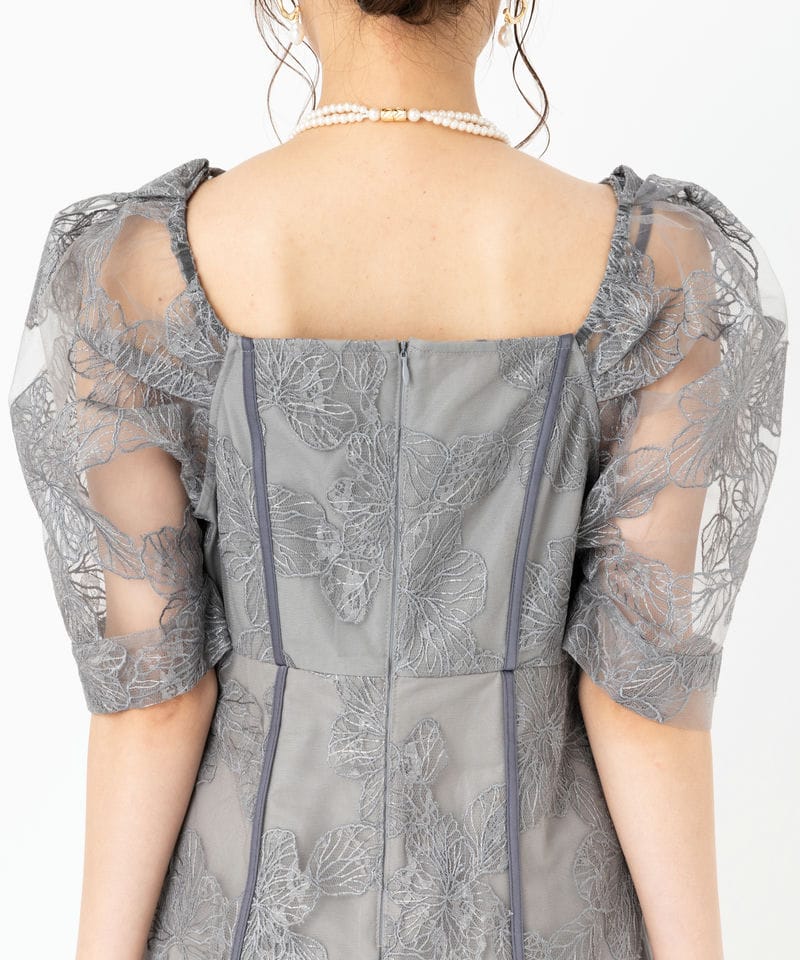 Leja レジャ 2WAYチュールオリジナル花柄刺繍オフショルドレス グレー