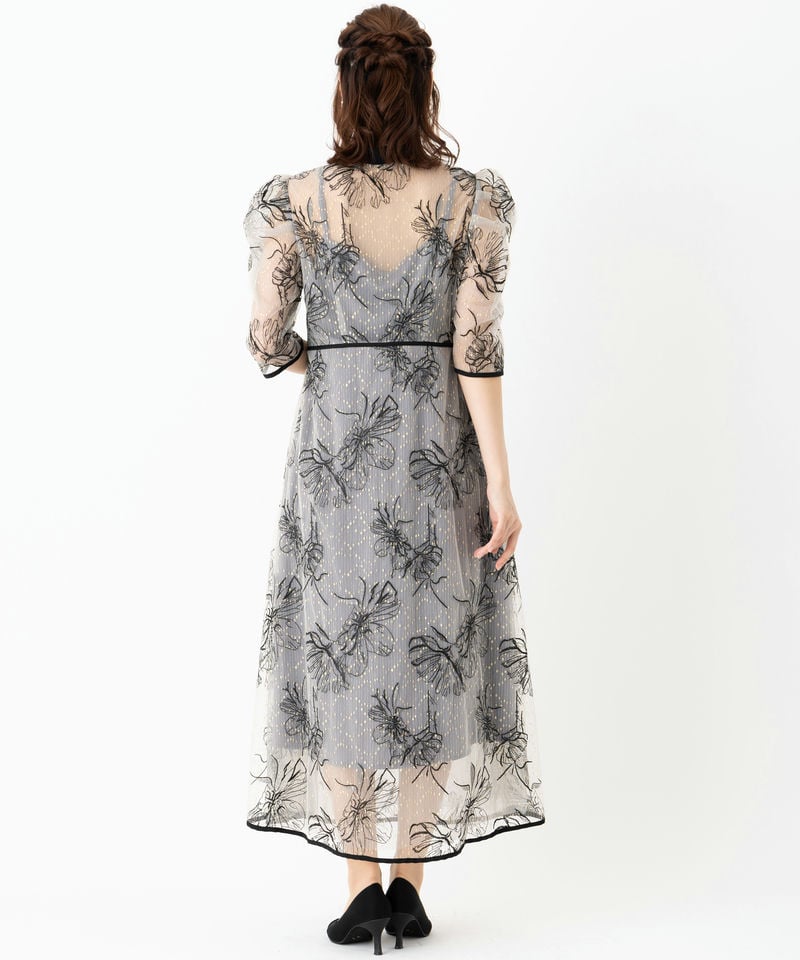 Leja レジャ 配色パイピングプチハイネック花柄刺繍ドレス グレー系