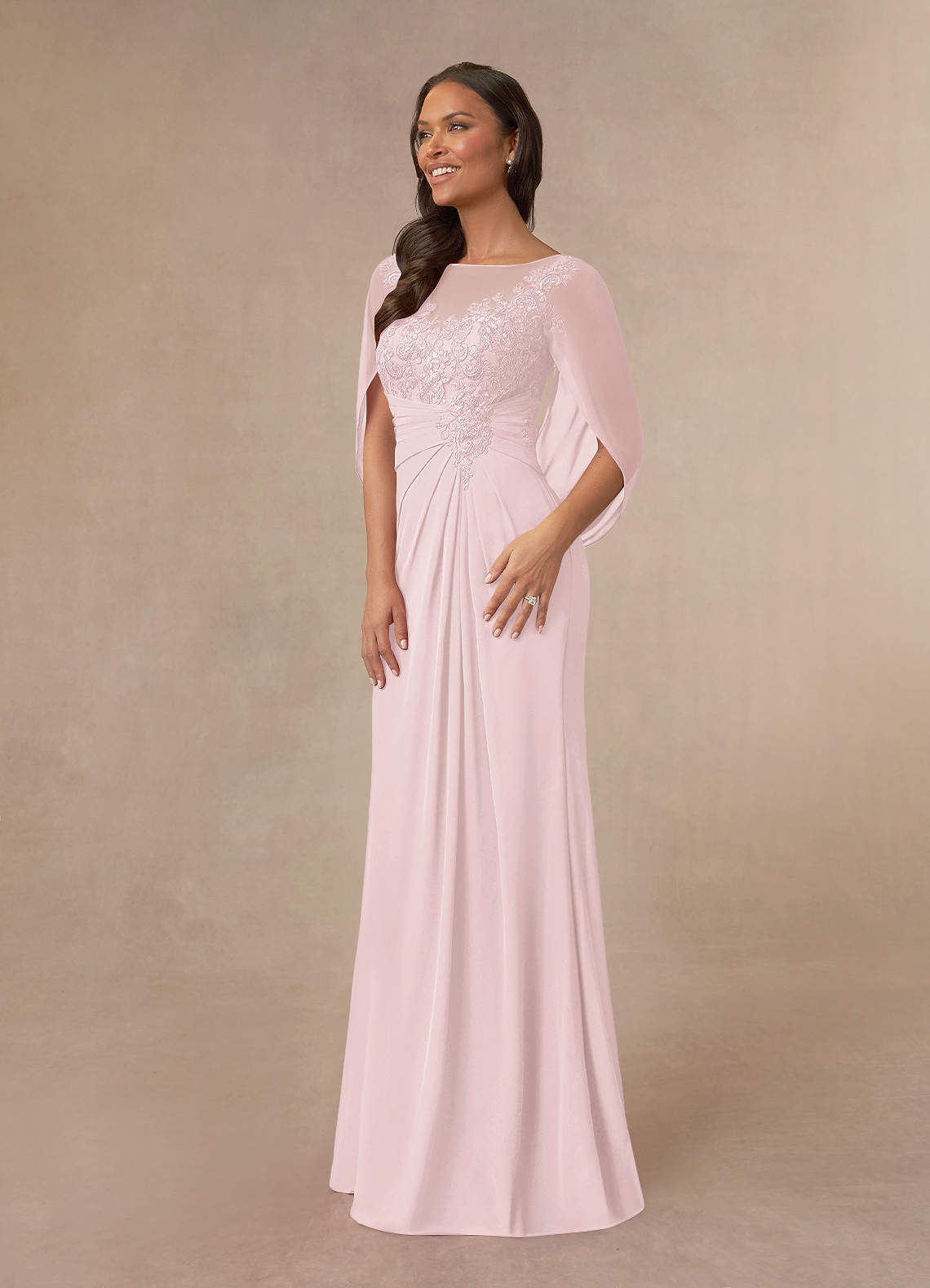Azazie Hera Blushing Pink A-Line Lace Capelet Chiffon Dress | Azazie