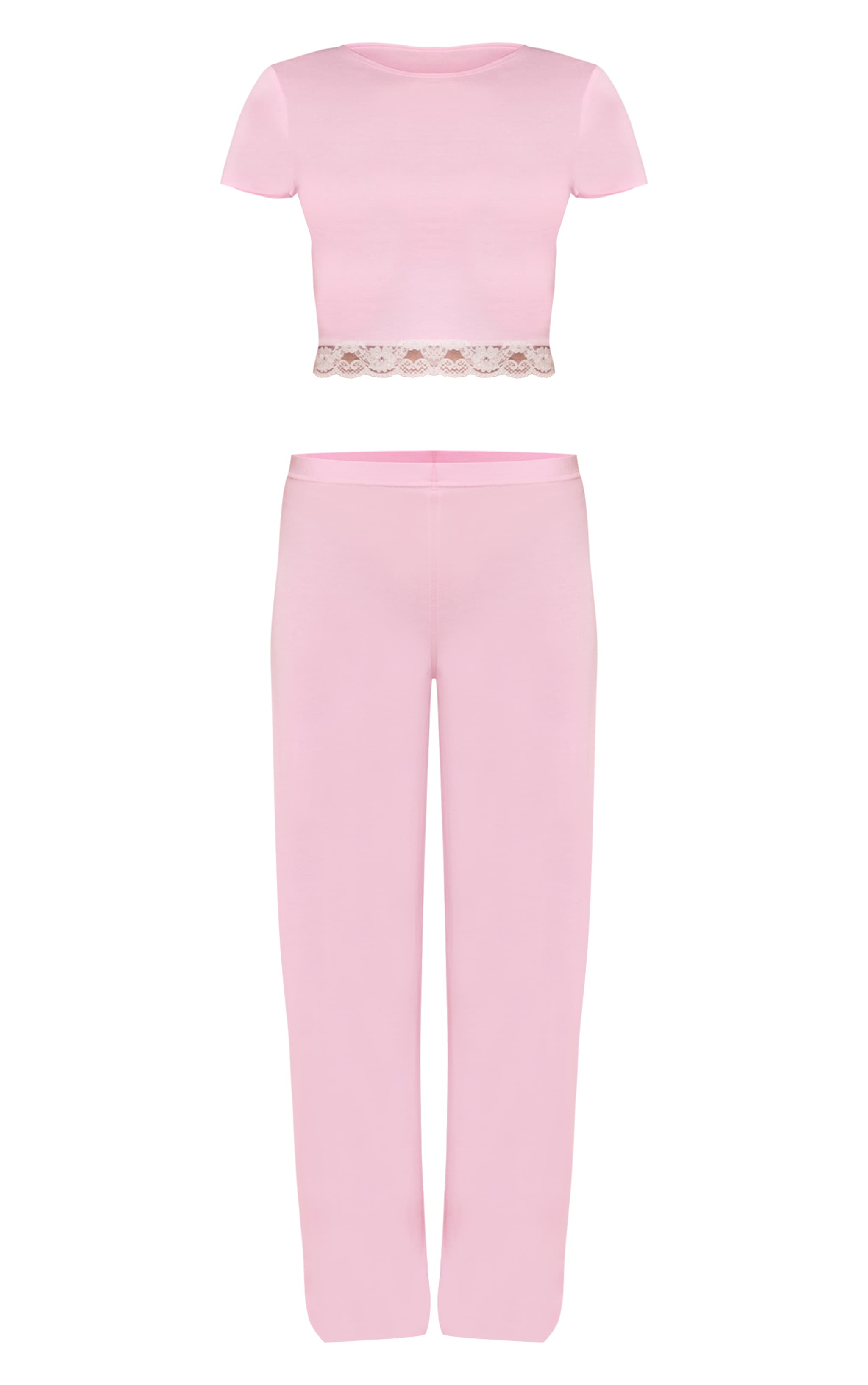 Baby Pink Jersey Lace Trim Long PJ Set | Lingerie & Nightwear