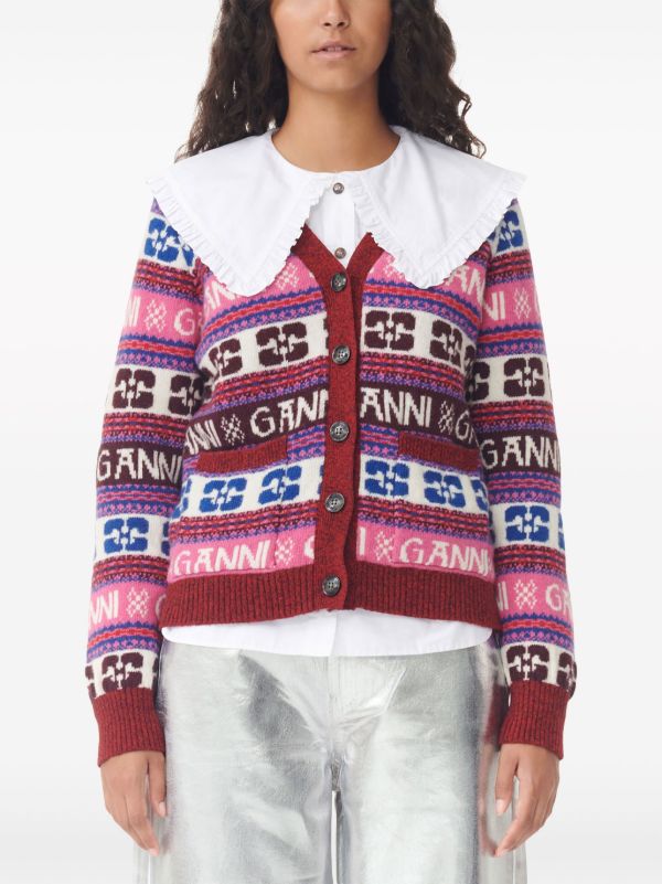 GANNI intarsia-logo V-neck Cardigan | Red | FARFETCH
