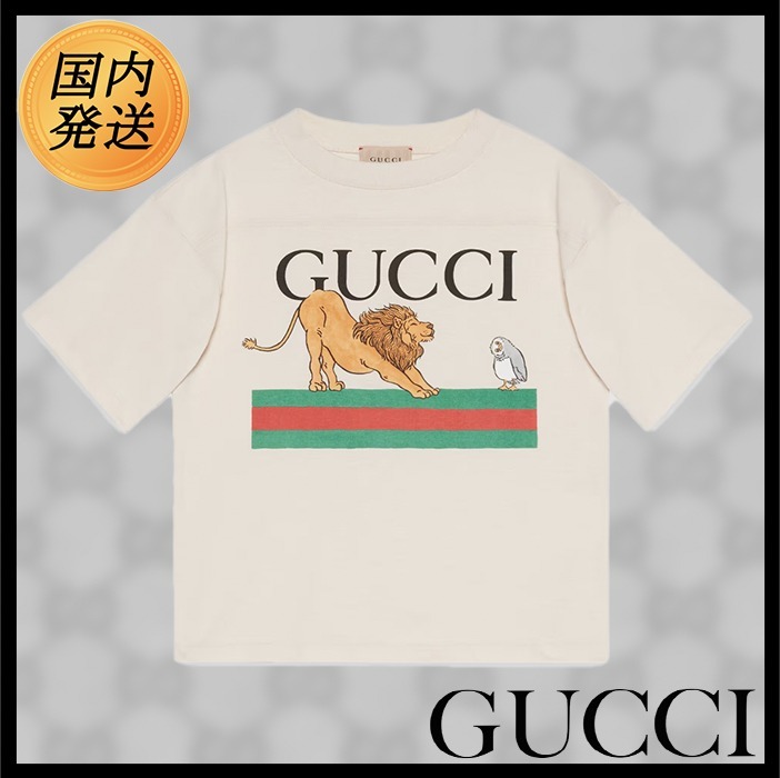 国内発送☆GUCCI】ウェブストライプ プリント コットンTシャツ (GUCCI