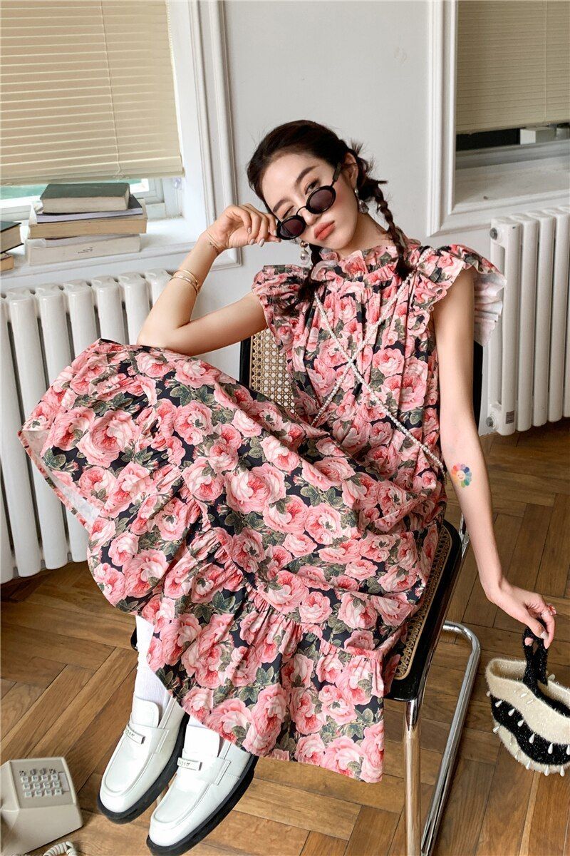 素敵 ノースリーブ ワンピース ブラック 花柄 フリル (ワンピース