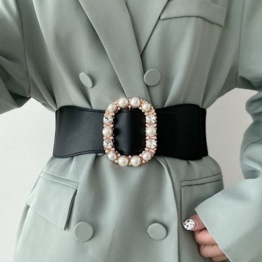 ビジュー パール フェイクレザー 太ベルト コルセット ベルト (ベルト