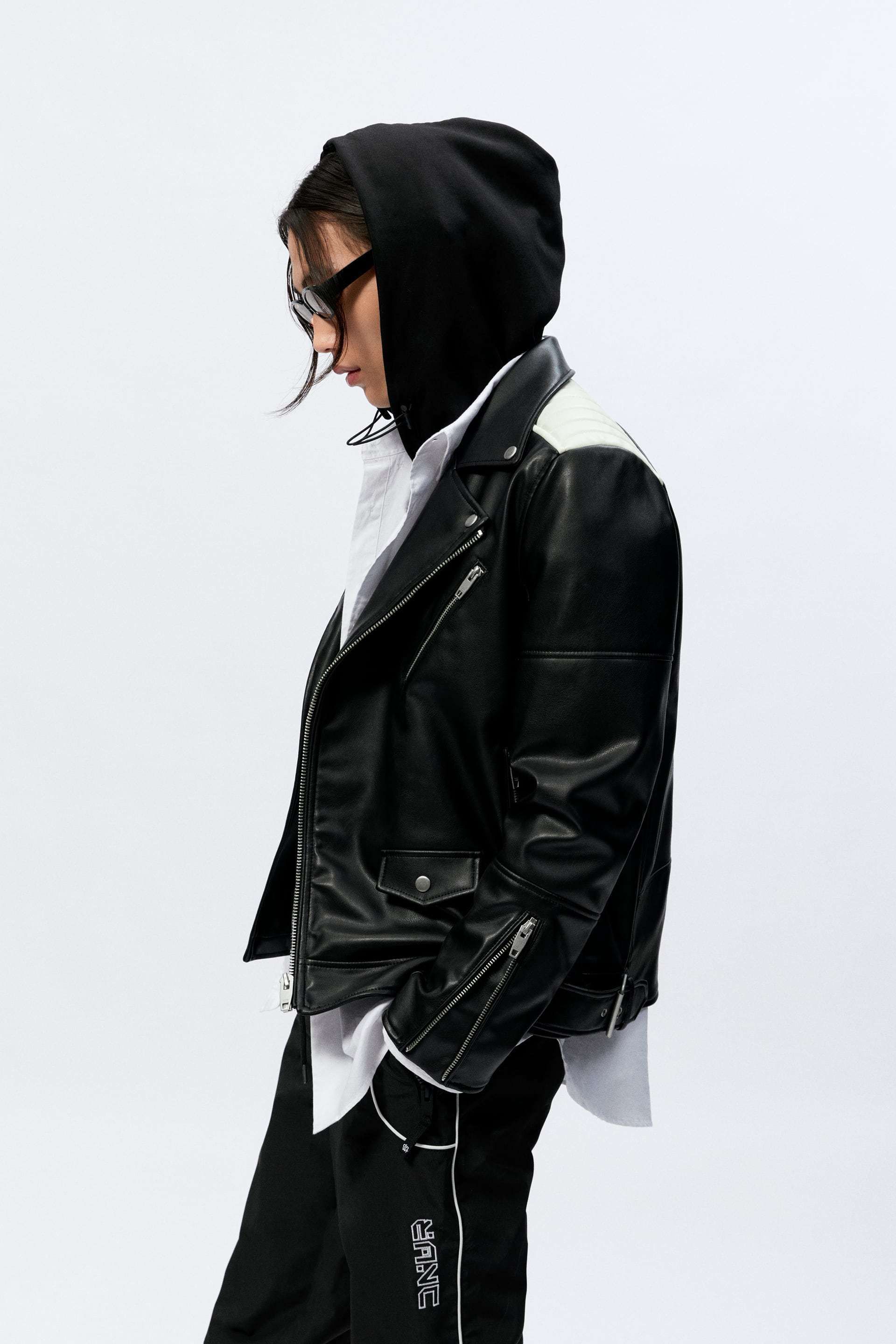 ☆ZARAザラ☆コントラスト フェイクレザー ライダースジャケット (ZARA