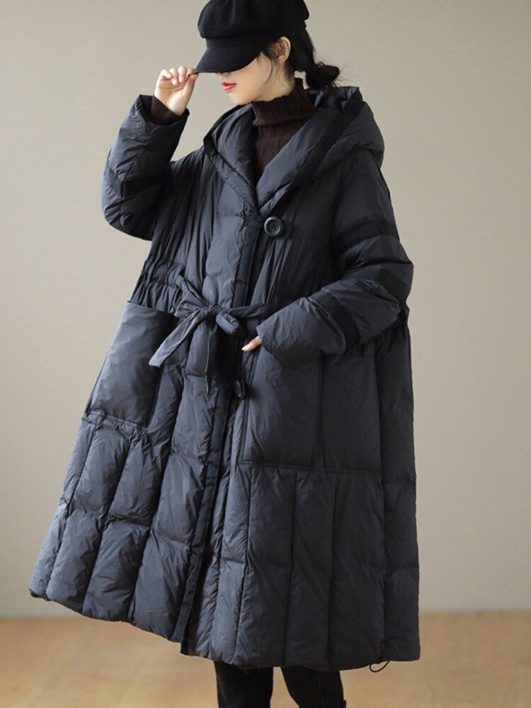 フード Aライン ダウン コート ロング ブラック 2色 (ダウンジャケット