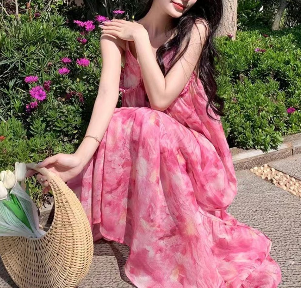 ワンピース ロング ピンク リゾート 花柄 ふわふわ (ワンピース