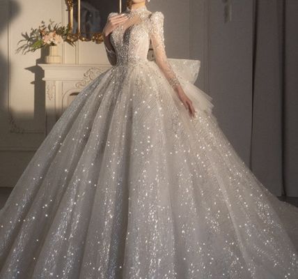 ビジュー チュール ウェディングドレス レース 結婚式 長袖 韓国