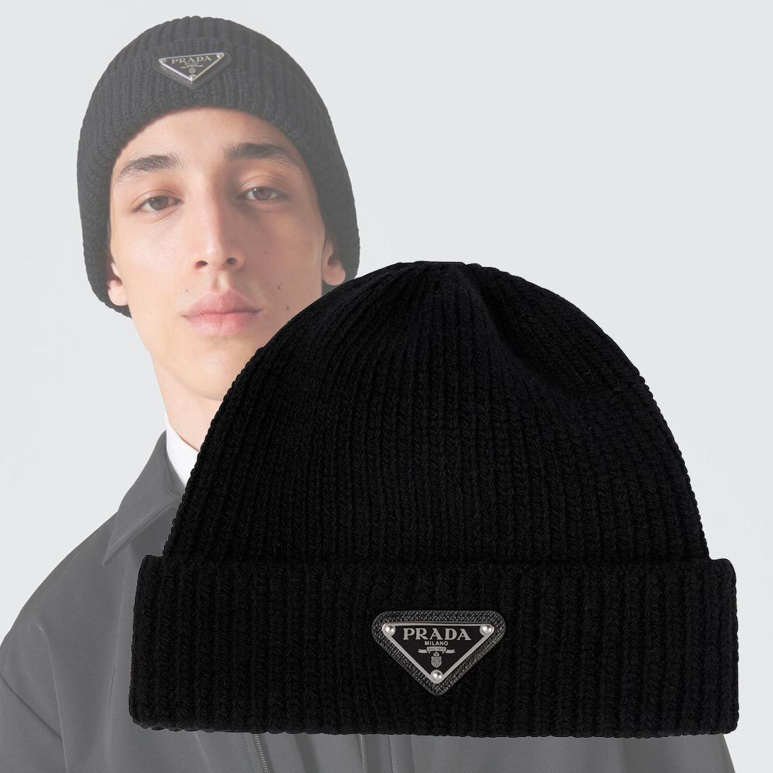 PRADA】リブ ニット キャップ ロゴ 帽子 無地 ブラック 送料込 (PRADA