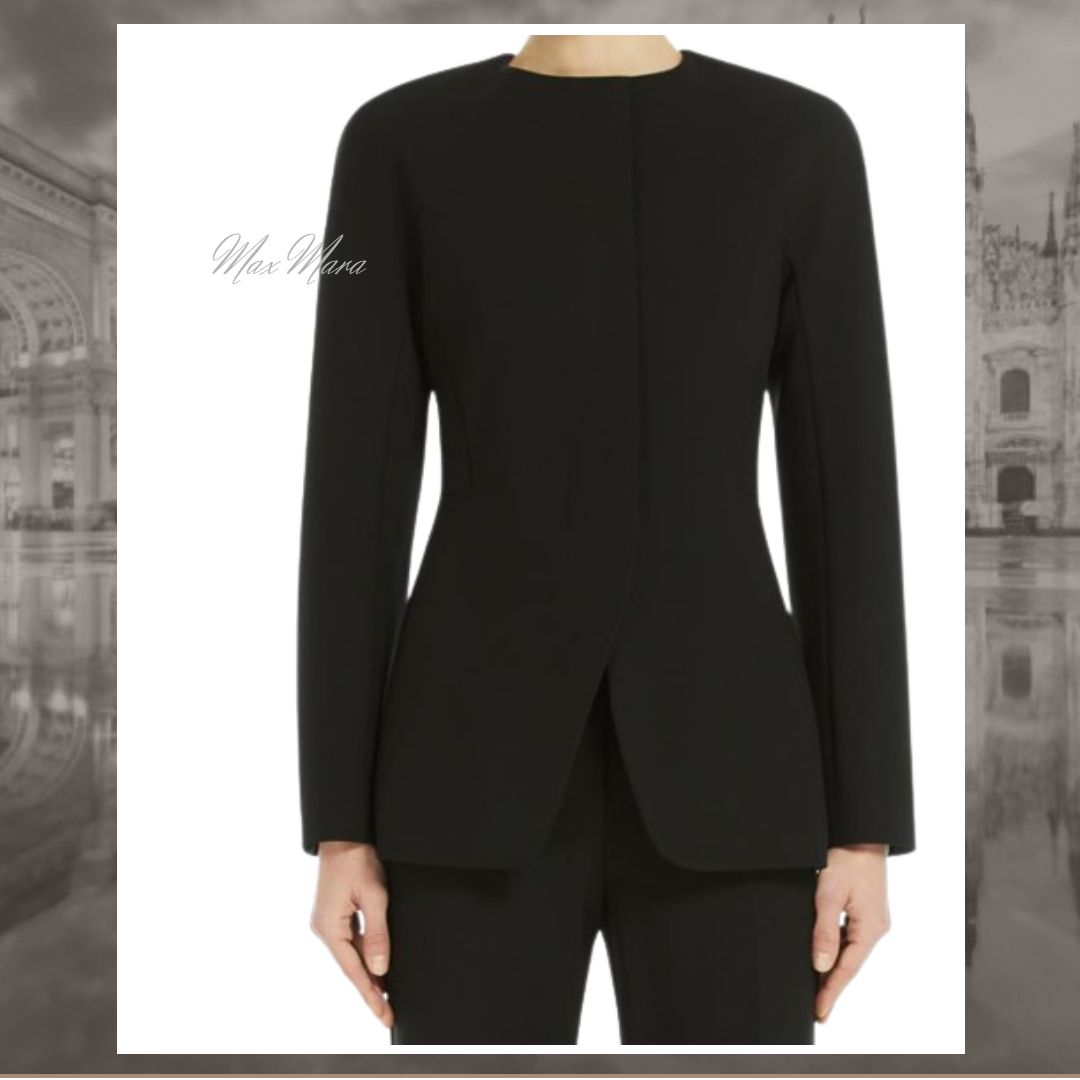 マックスマーラノーカラージャケットラムレザーフリル2XL相当ブラック