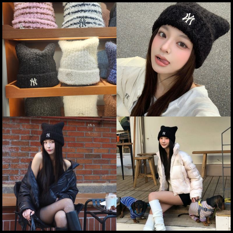 aespaカリナ着用☆MLB Plush Meow Beanie 猫耳ニット帽 黒 (MLB Korea