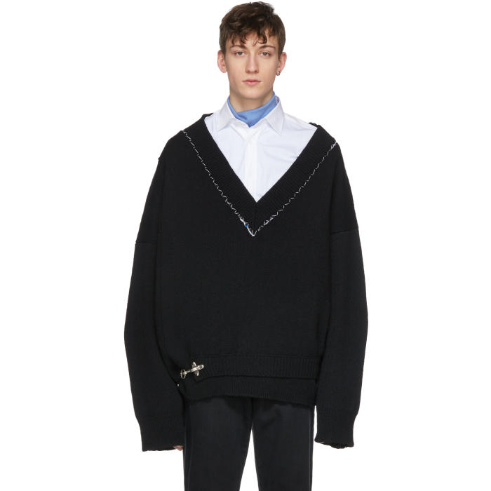 Raf Simons Black Classic Oversized V-Neck Sweater adidas x Raf Simons