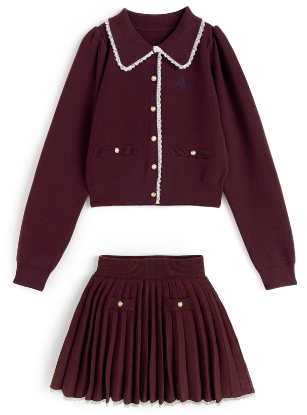 レースニットカーディガン×インパン裏地付きプリーツスカート