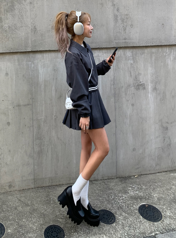 ブルゾンxプリーツミニスカートラインセットアップ[jm003