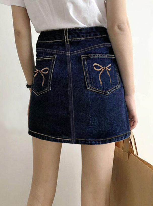インパン裏地付きバックリボン刺繍デニムミニスカート[nh151