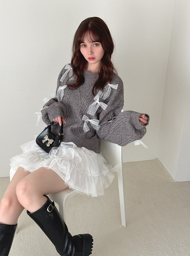 レースリボンケーブル編みニットトップス[pa084] | レディース