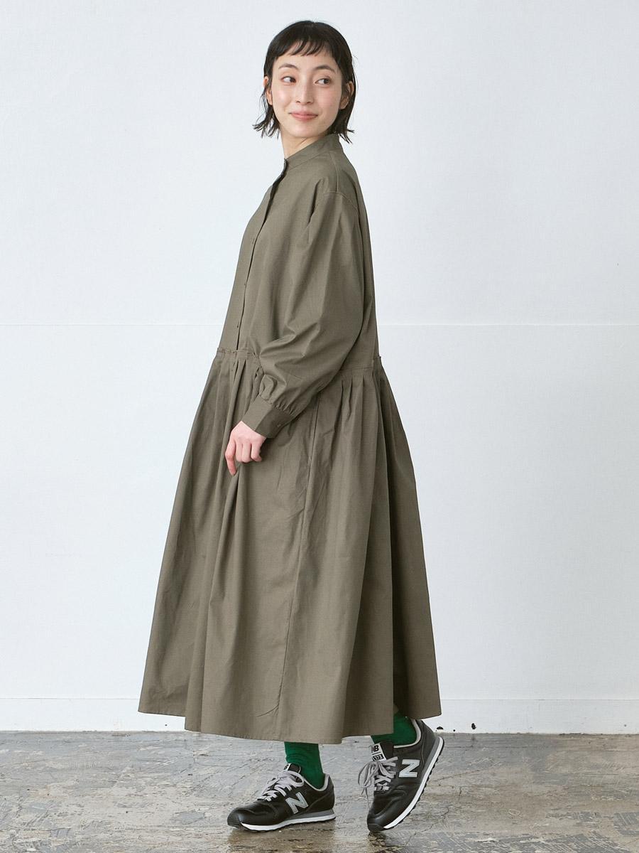 スタンドカラーフレアワンピース 綿ハイカウントチノ | OPナガソデ