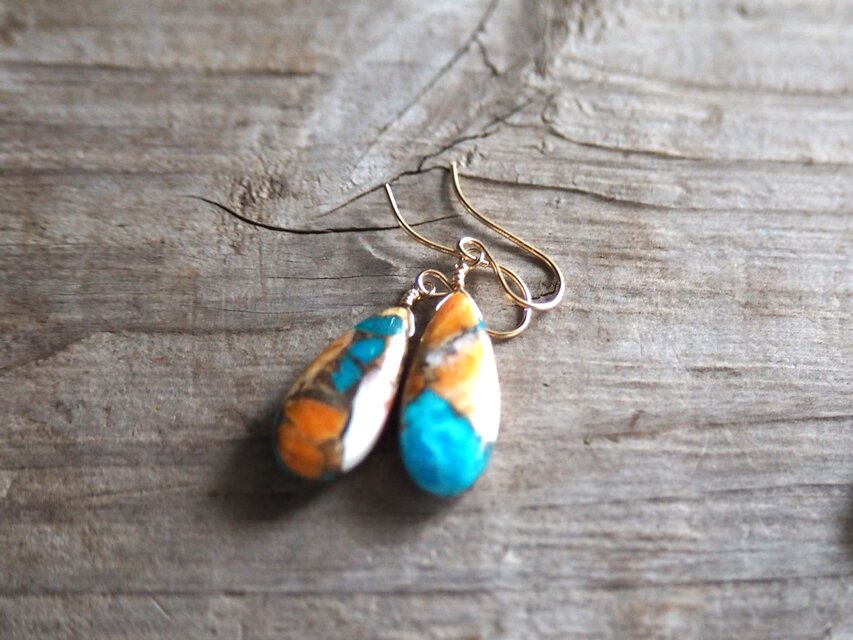 オイスターコッパーターコイズピアス 14kgf ペアシェイプ