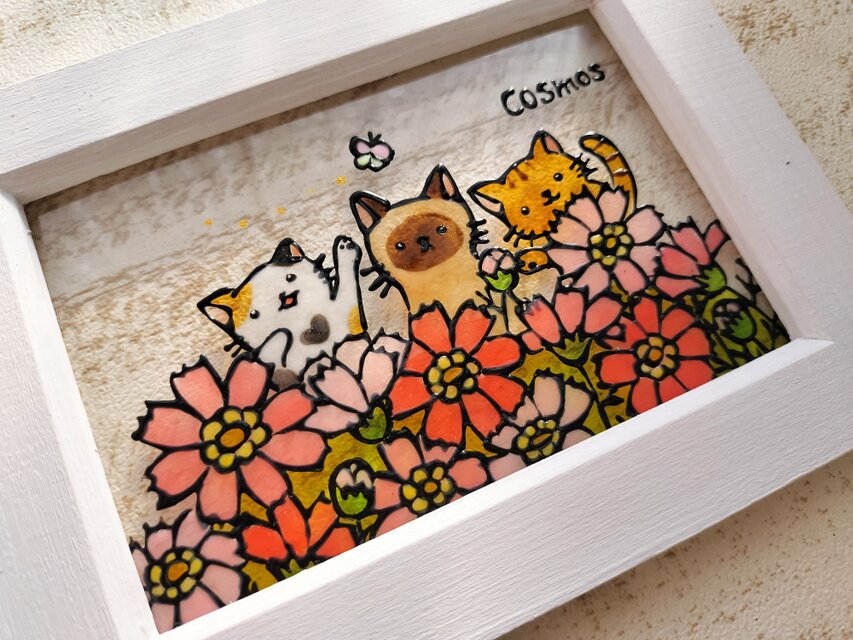 送料無料*ステンドグラス風*猫とコスモス畑・ハンドメイド♪ | iichi