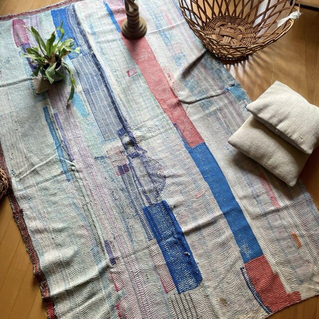 大判128×195 インド ヴィンテージカンタキルト ラリーキルト 夏カラー