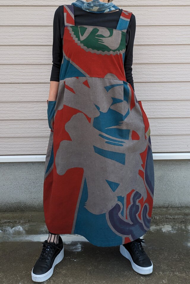 古布リメイク 大漁旗の柿渋染キャミソールワンピース 大漁旗 柿渋染