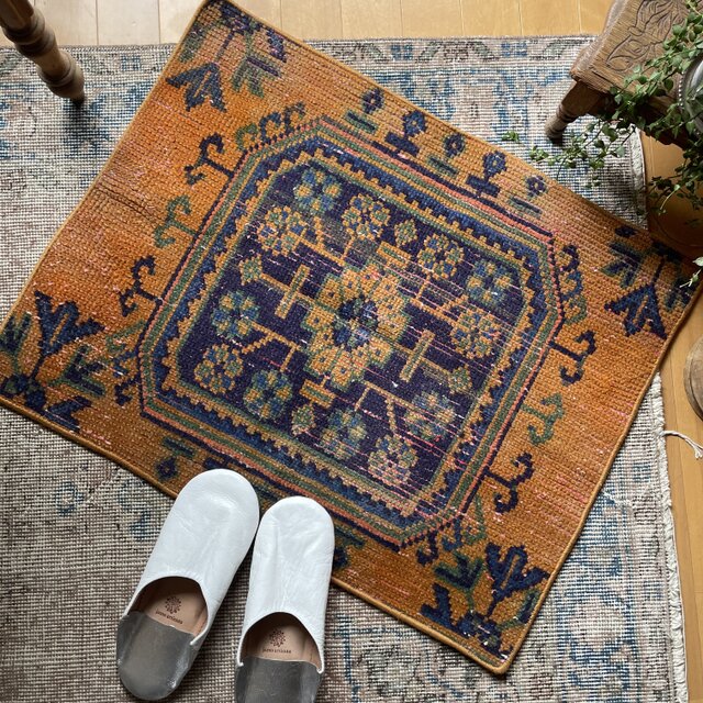 55×103 神秘的ブルー×ブラウン×ボタニカル トルコヴィンテージラグ 55