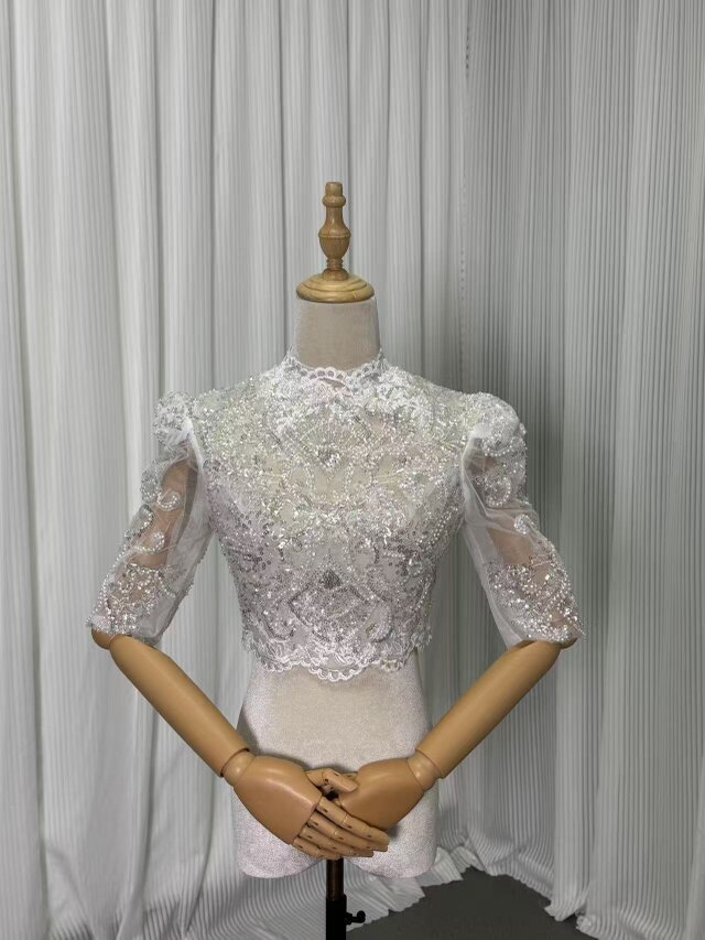 ボレロ ウェディングドレス 半袖 キラキラスパンコール 繊細レース