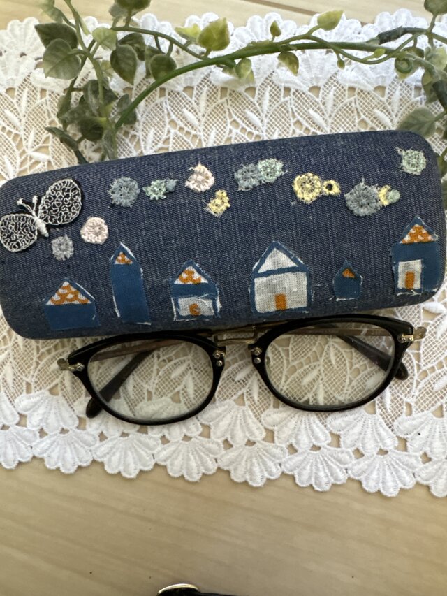 ✳︎ハンドメイド☆ミナペルホネンメガネケース 蝶々hütteスカイフル