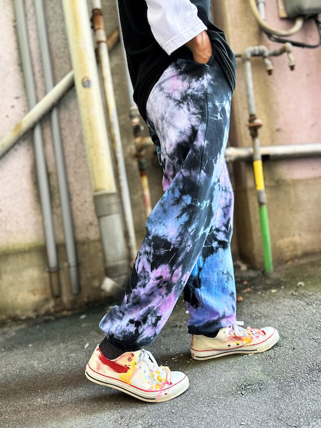 タイダイ染め スウェットパンツ Mサイズ ブラック×ブルーピンク ムラ