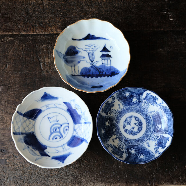 金継ぎ用に◇伊万里・瀬戸焼 染付・印判膾皿4客セット 骨董・antiques