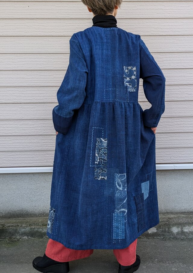 古布リメイク 藍染のカシュクール（コート）ワンピース 襤褸 ボロ 型染