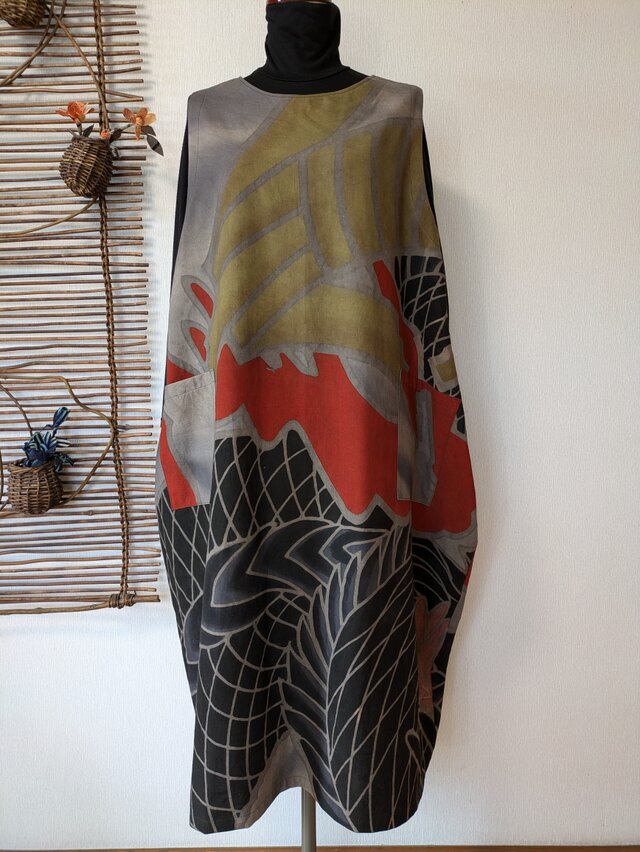 古布リメイク 大漁旗のコクーンジャンバースカート 大漁旗 柿渋染 古布