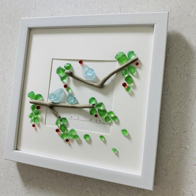 シーグラスアート 海の宝石 小鳥の家族 風景画 夏のインテリア 雑貨