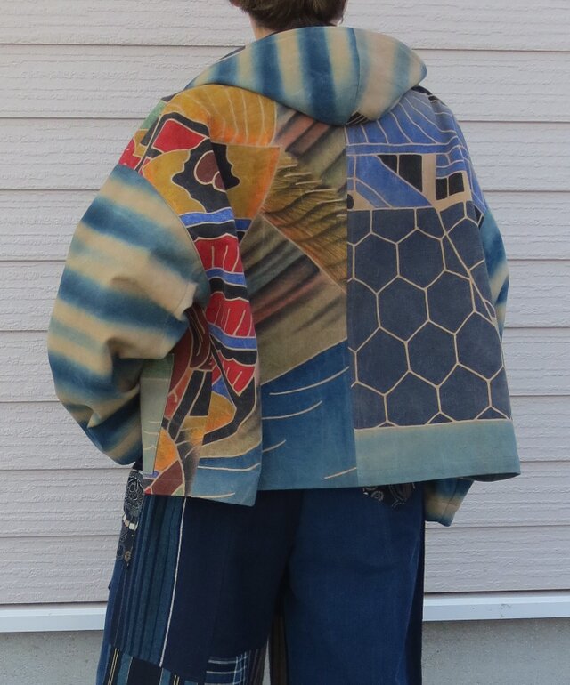 古布リメイク 幟旗の柿渋染ミニフードジャケット 古布 着物リメイク