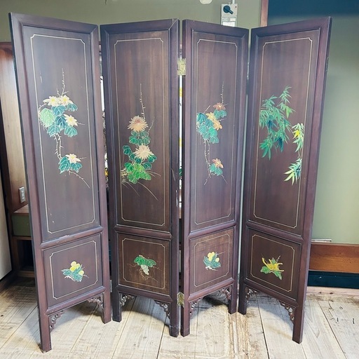 衝立 パーテーション 間仕切り 中国 彫刻 アンティーク レトロ 4枚折り