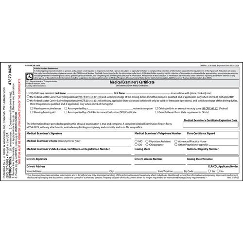 Medical Examination Certificate, Laminated - Snap-Out, 2-Ply
