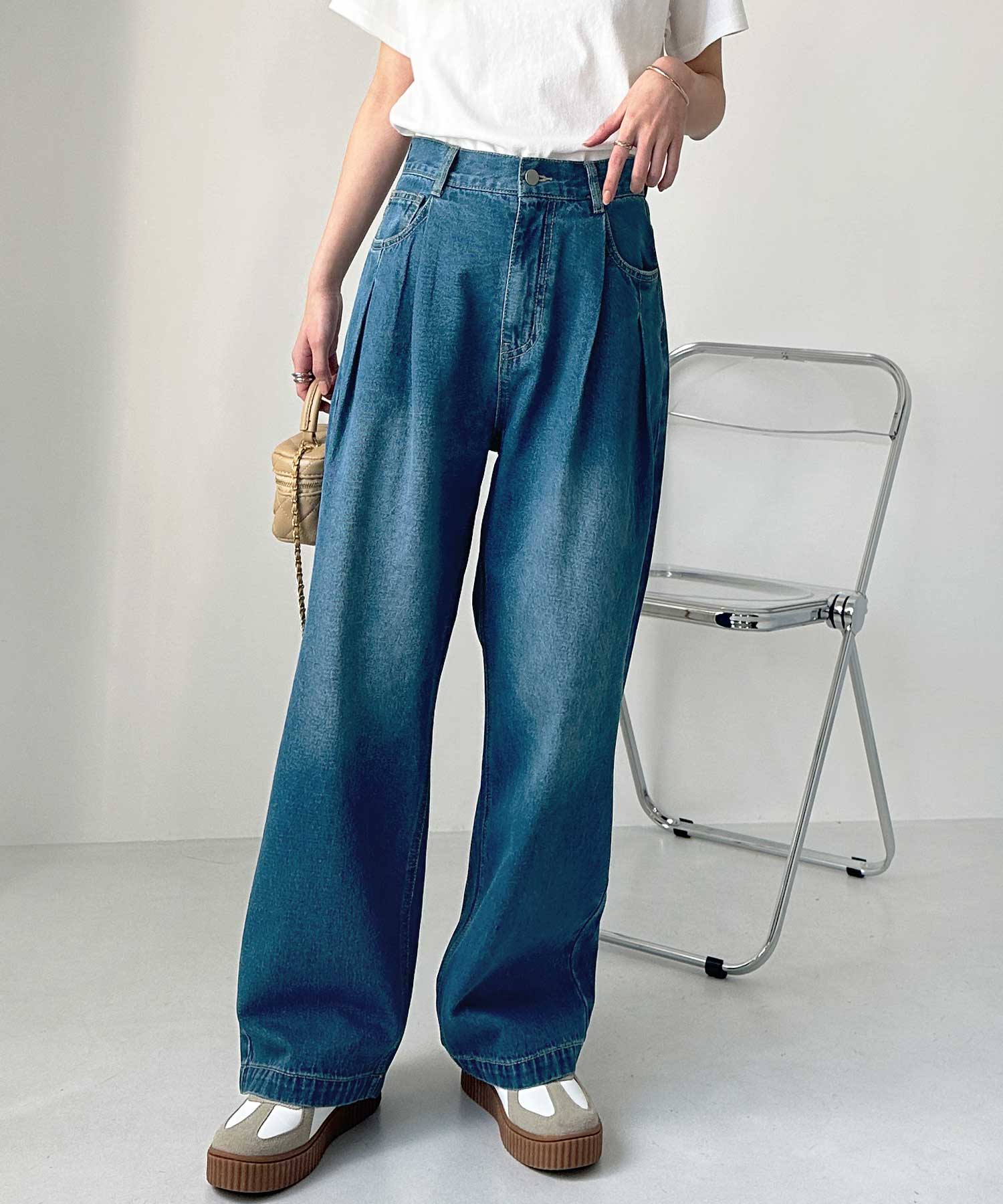 ハイウエストダブルタックワイドデニムパンツ | ファッション通販