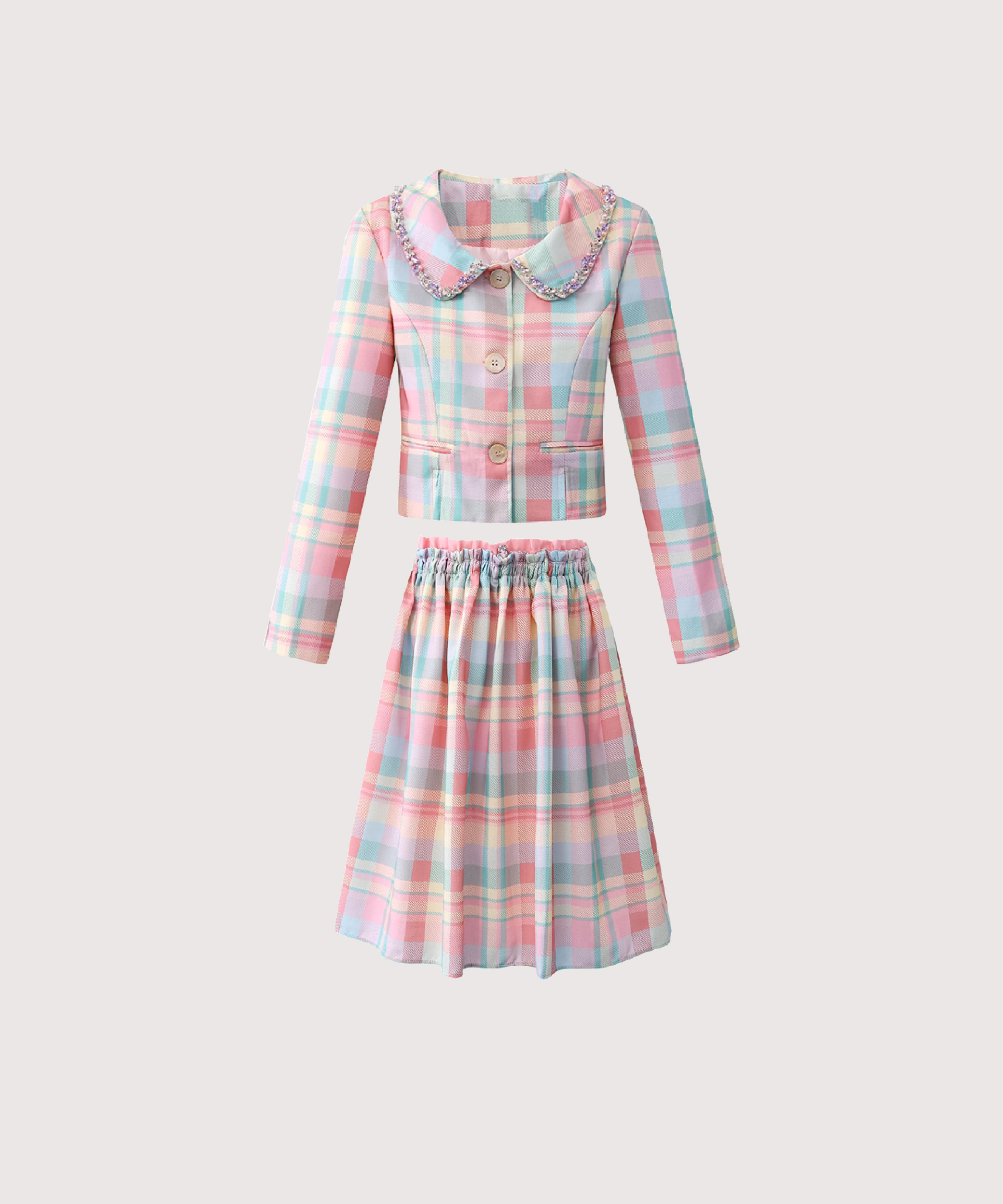 タータンチェックビジューピンクロングスカートセットアップ