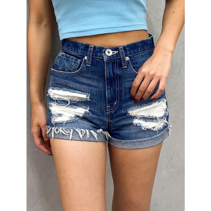 ジャストウエストダメージデニムショートパンツ[品番：MKSW0062434