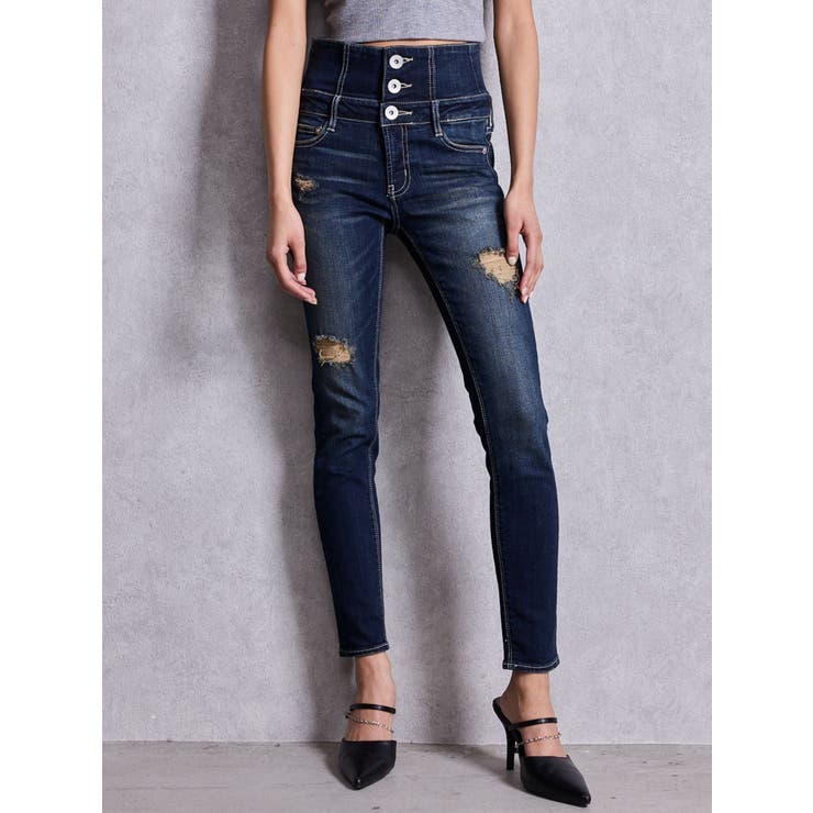 ハイウエストバッククロスダメージスキニーデニムパンツ[品番