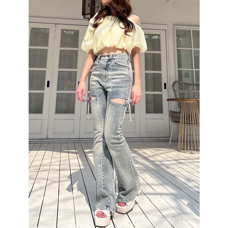 カットアウトリボンデニムパンツ【完売サイズは品番：1525424191で予約