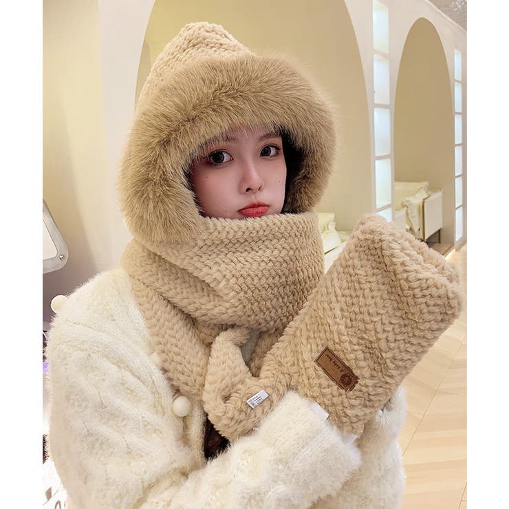 ニット帽子 マフラー手袋一体型ファー帽子[品番：II000012139