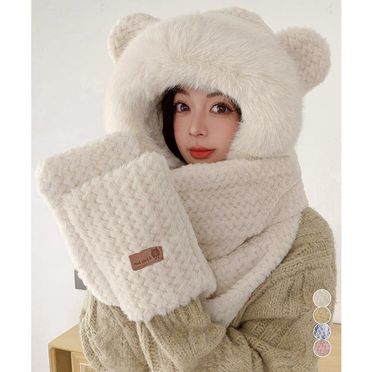 くま耳ニット帽子 マフラー 手袋 一体型[品番：II000012140