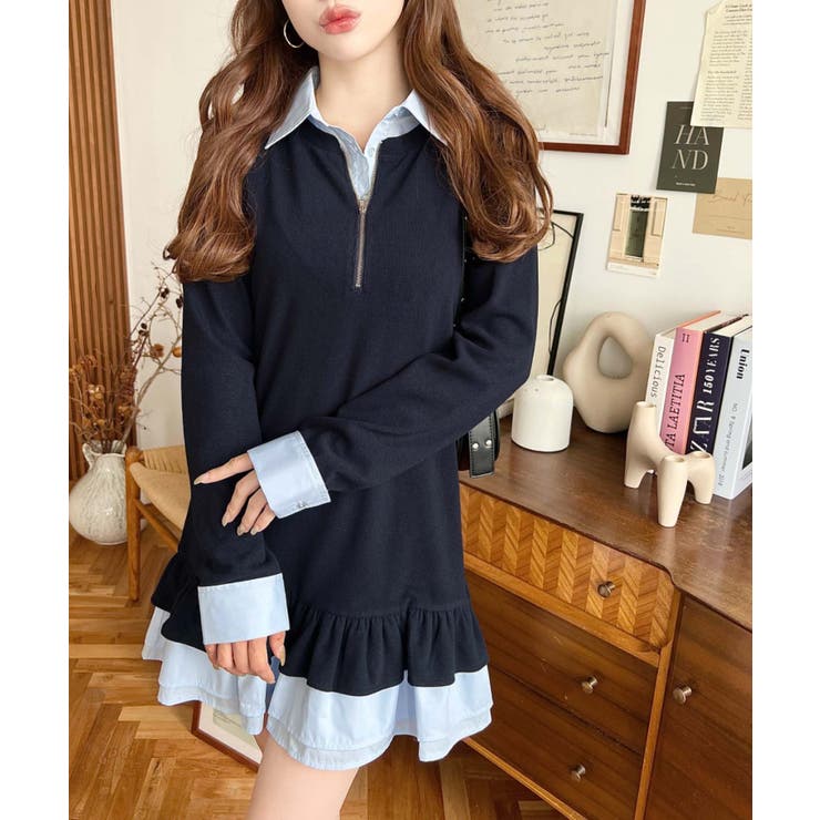 シャツドッキングフリルミニワンピース[品番：ERMW0004201]｜moment+