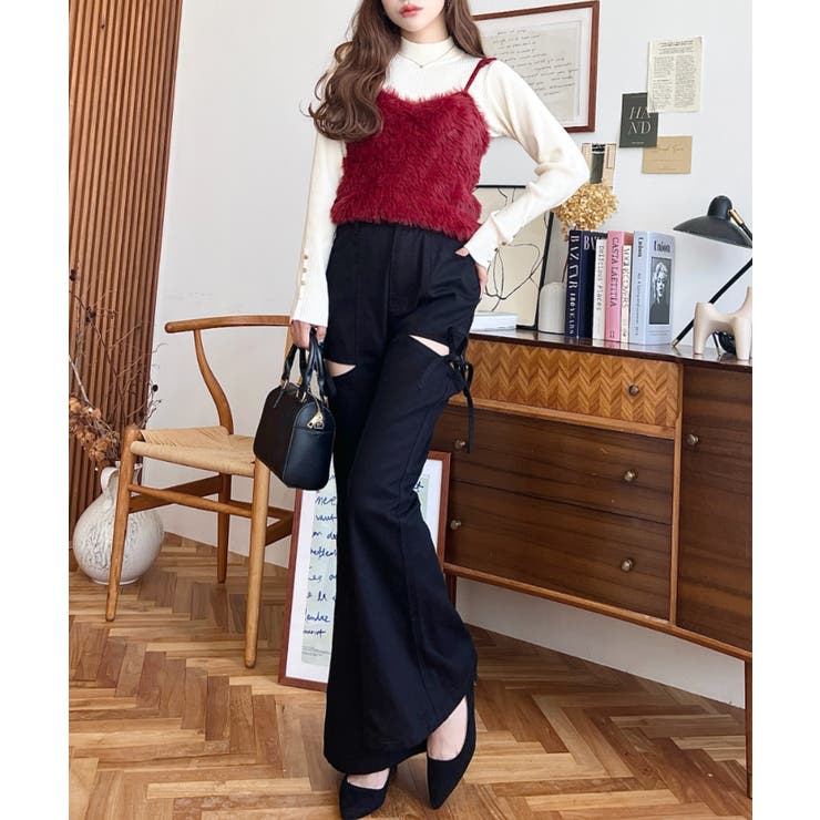 デニム＆ツイルカットアウトリボンフレアパンツ[品番：ERMW0003930