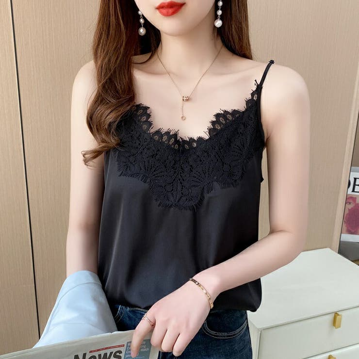 レース付きシルクキャミソール シルクインナー サテンシルクレース