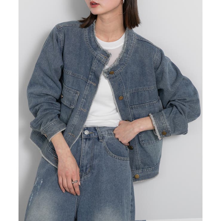 ノーカラーフリンジデニムジャケット[品番：ADEW0004789]｜ad thie