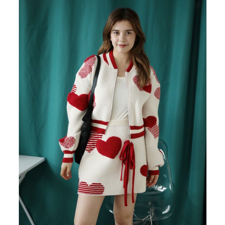 HOOK】for girls ハート立体刺繍ニットミニスカートセットアップ可能