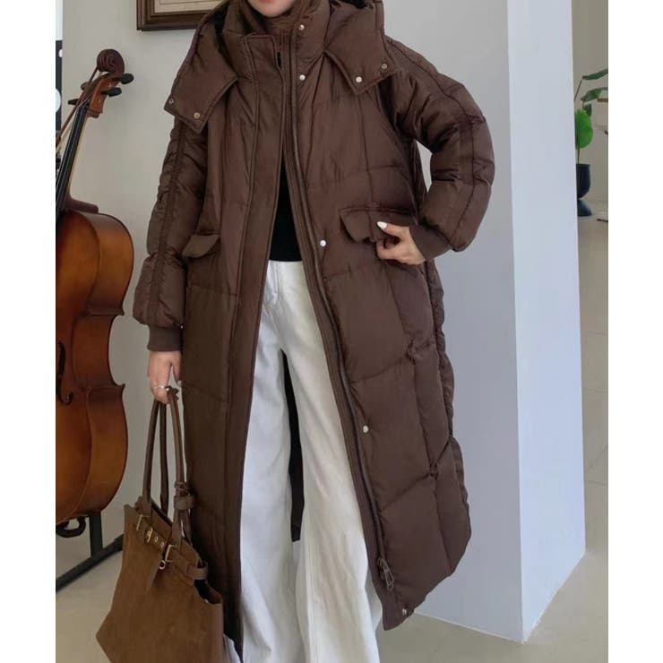 Aimoha】大きめフードのスタンドネックロングダウンジャケット[品番